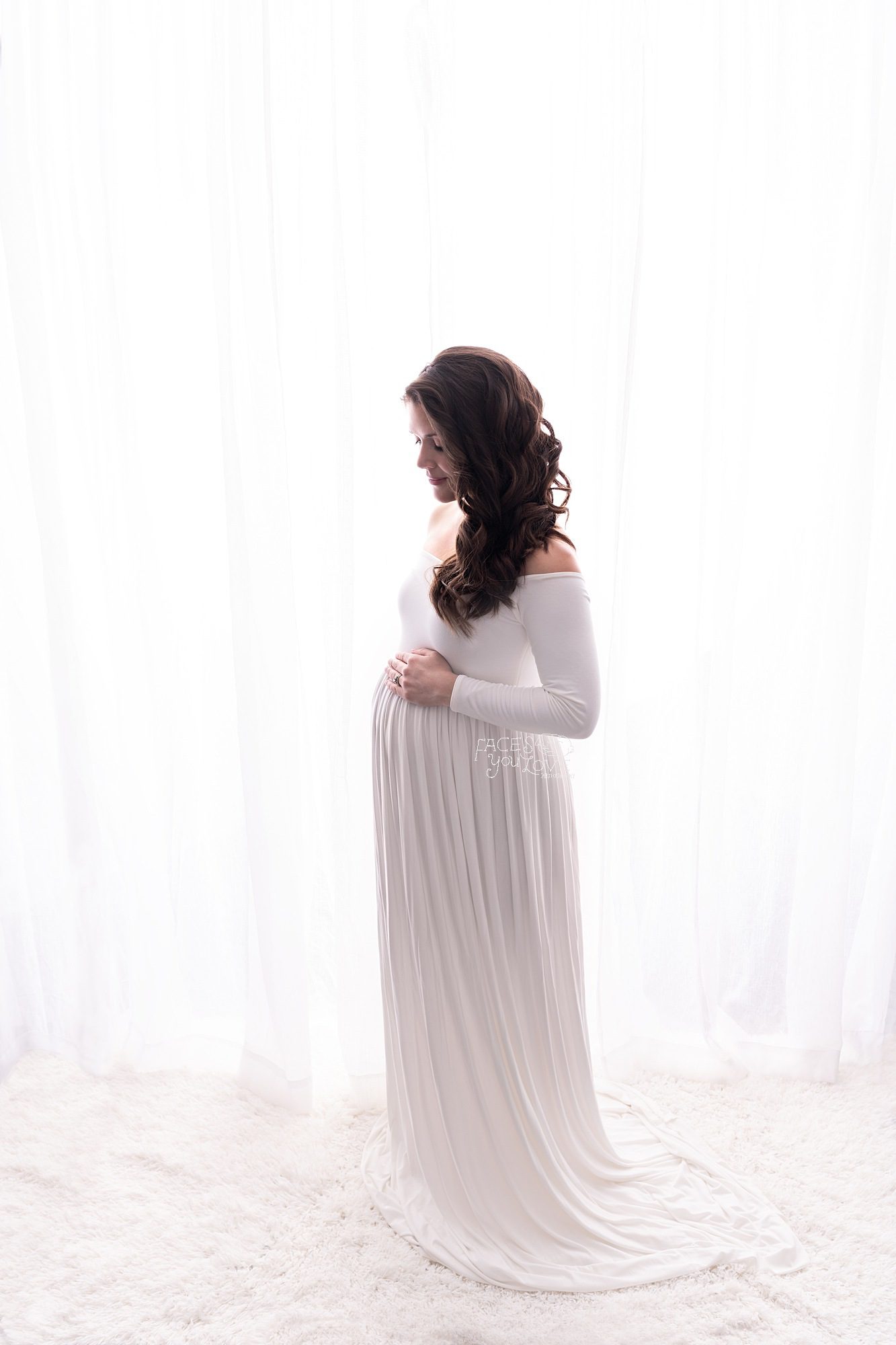 Dream lighting, maternity backlighting, studio maternity, white maternity gown, ethereal maternity, Kansas City photography studio