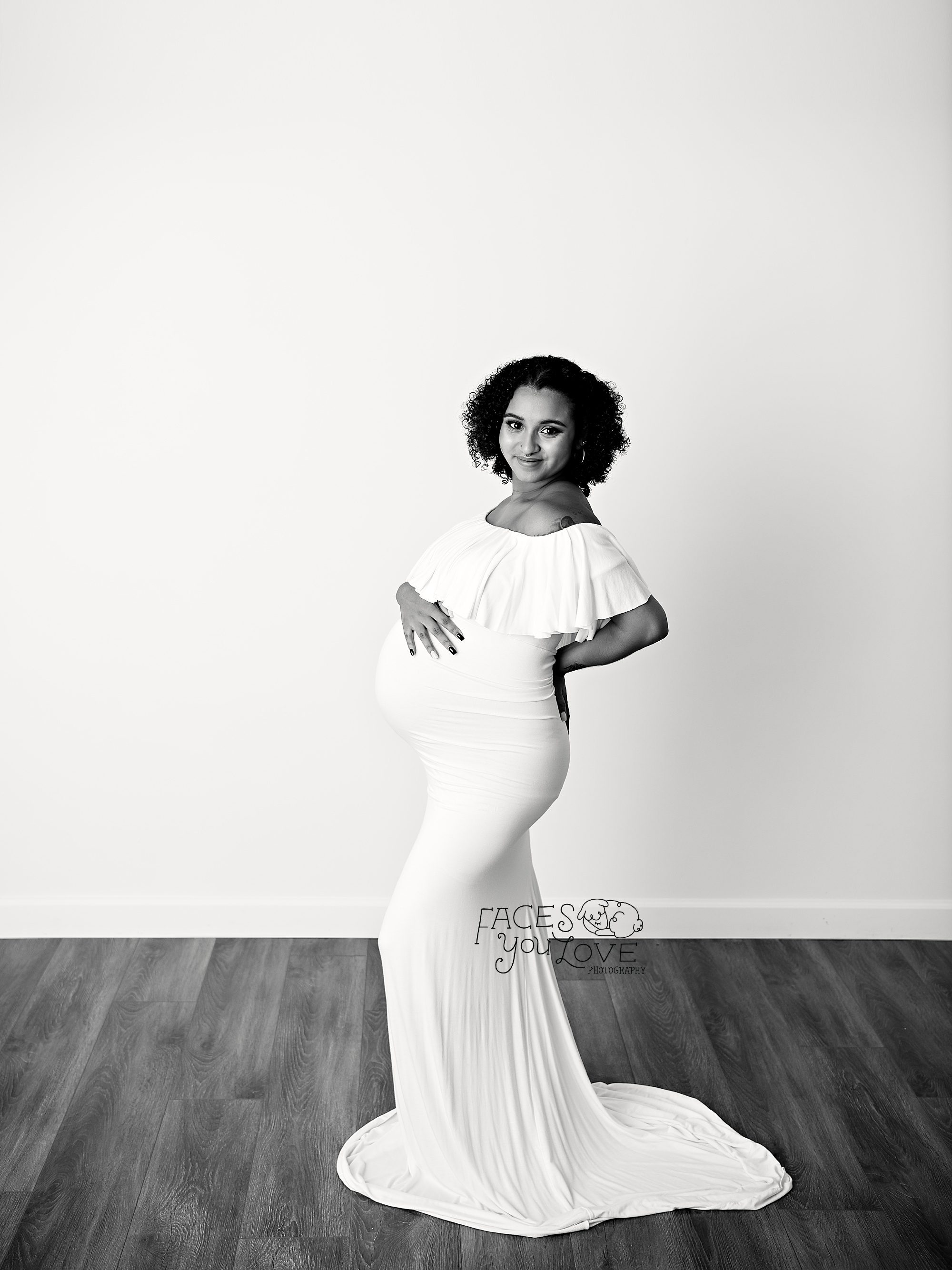 black and white maternity, African American maternity portrait, white dress white background, maternity portrait, Kansas City photographer 