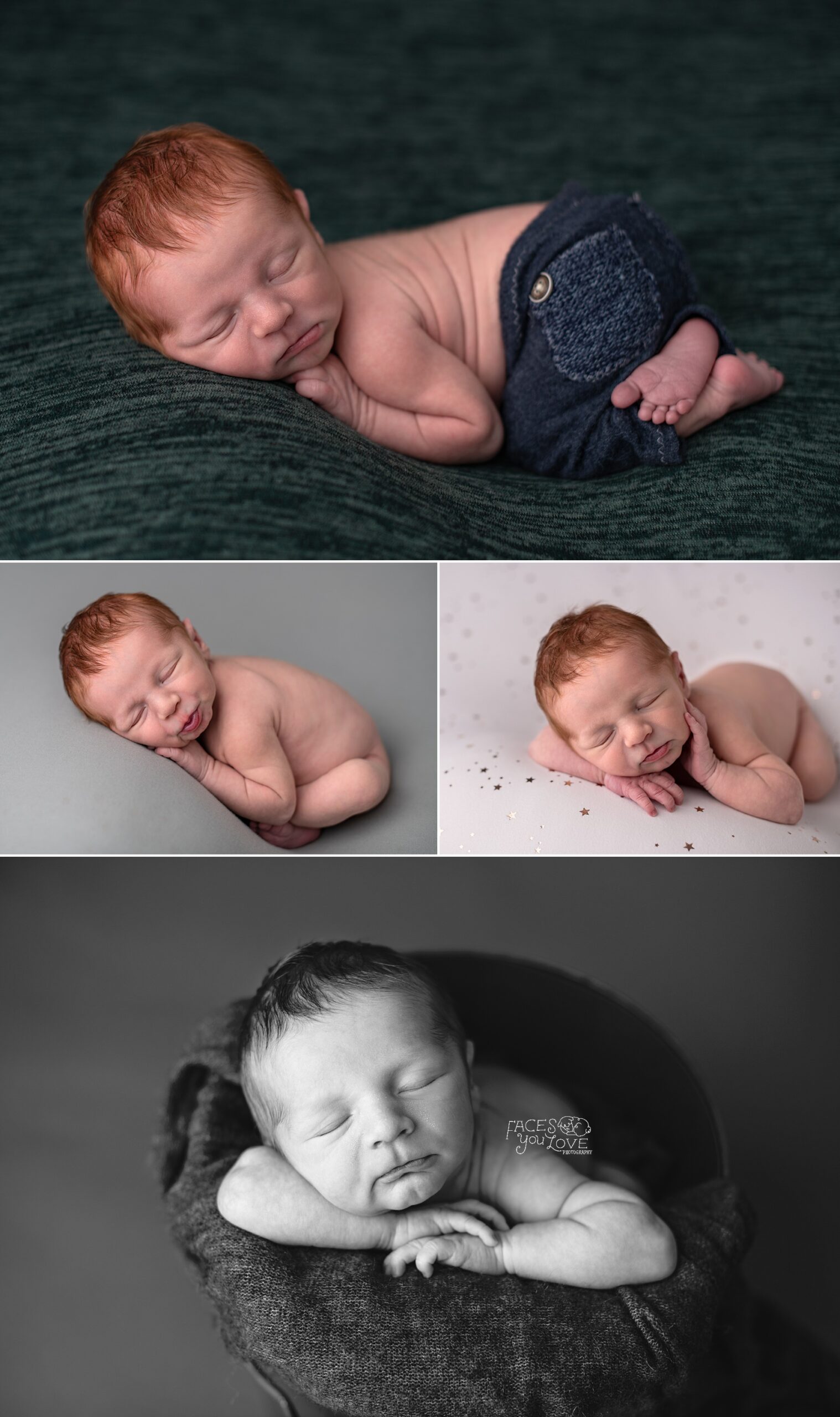 newborn photography session in Kansas City, newborn redhead, redhead baby boy, newborn boy on green, star newborn drop, 