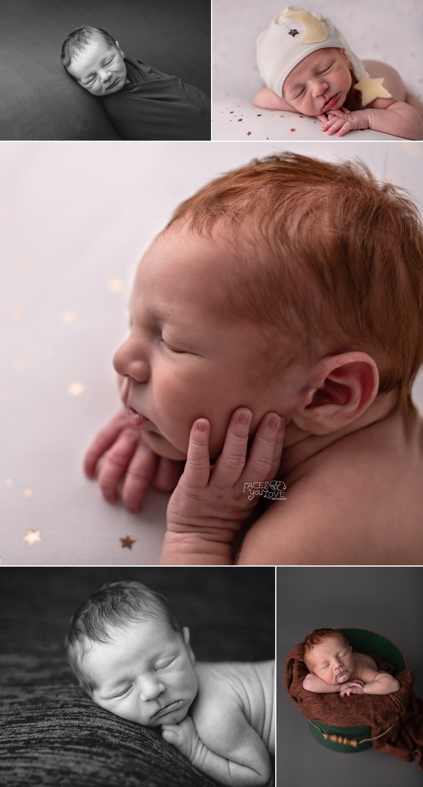 newborn photo session, newborn session with redhead baby, redhead baby boy, starry background, newborn in greens and grays, Kansas City photographer