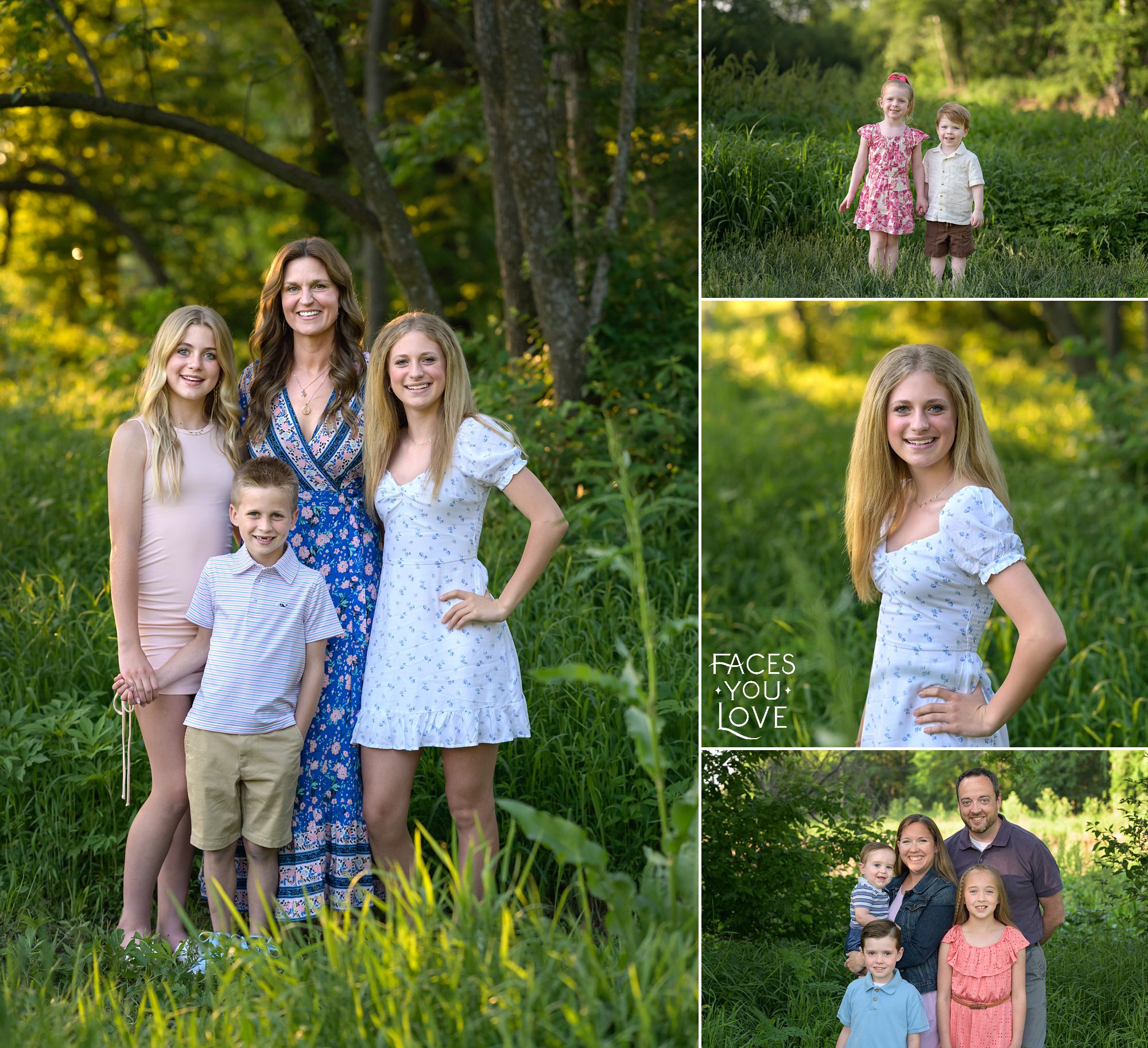 Grid of families and children photographed outdoors, surrounded by trees and grass. All photographed by photographer Helen Ransom of Faces You Love, located in Overland Park, KS.