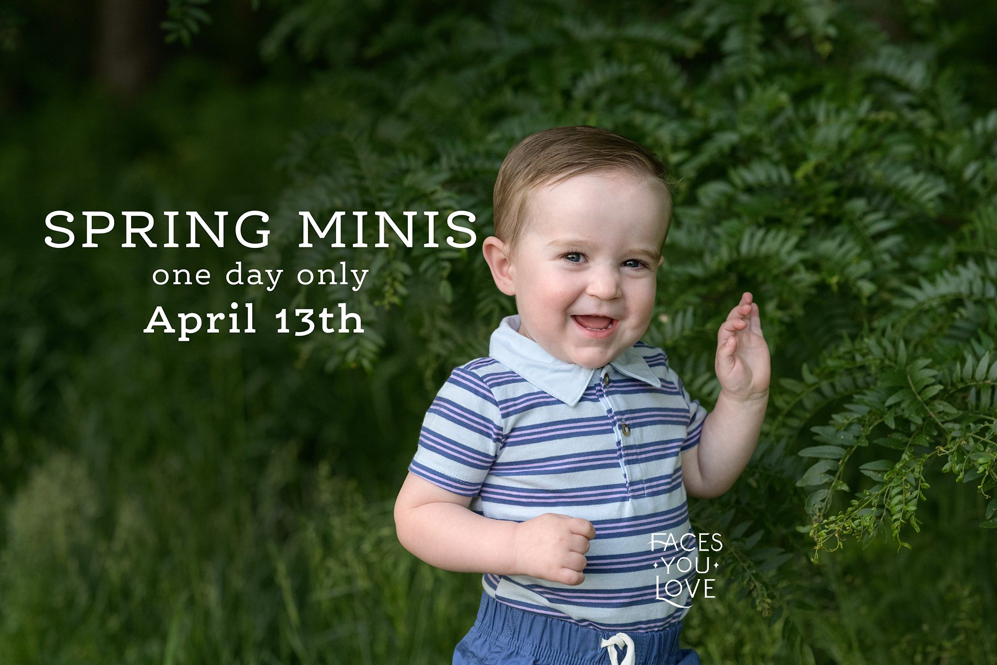 Smiling toddler boy in a green, outdoor setting. Photographed in Leawood, KS by photographer Helen Ransom of Faces You Love.