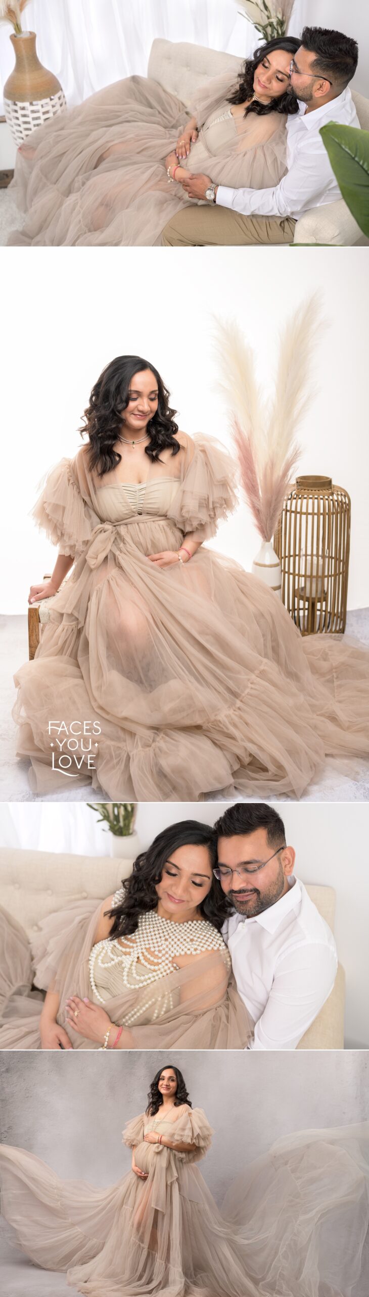 Collage of couple's maternity session in beige, photographed on a white background. The mother to be is wearing a white pearl necklace over a flowy, beige dress. Photographed in studio at Faces You Love located in Overland Park.