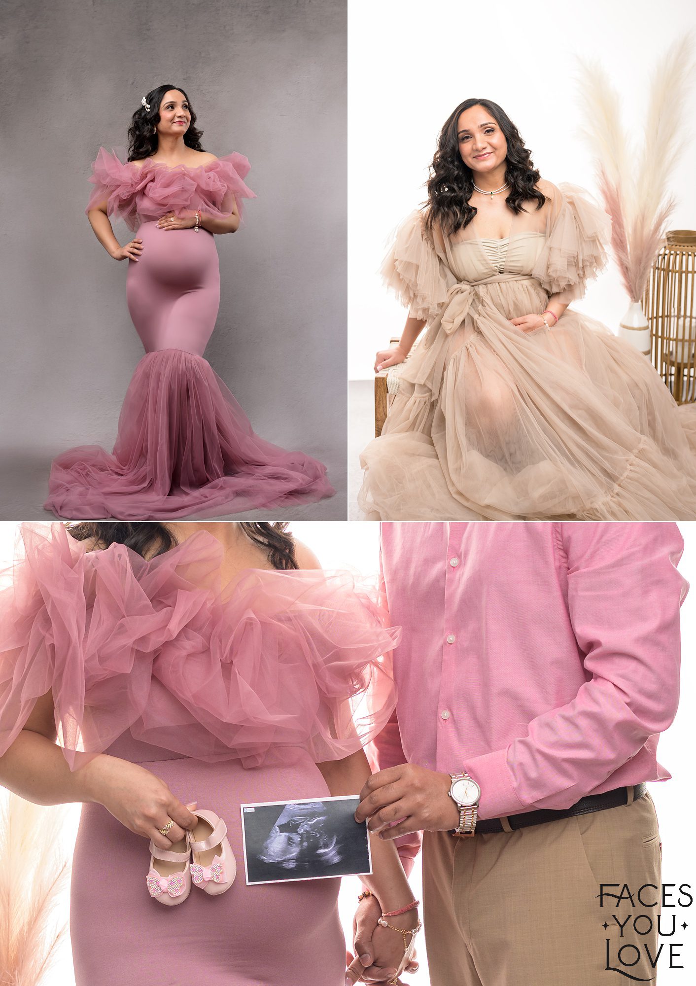 Female maternity session, photographed on a gray and white background. She's wearing pink and beige gowns while holding mini, light pink shoes. Photo session was in Faces You Love studio in Overland Park, KS.