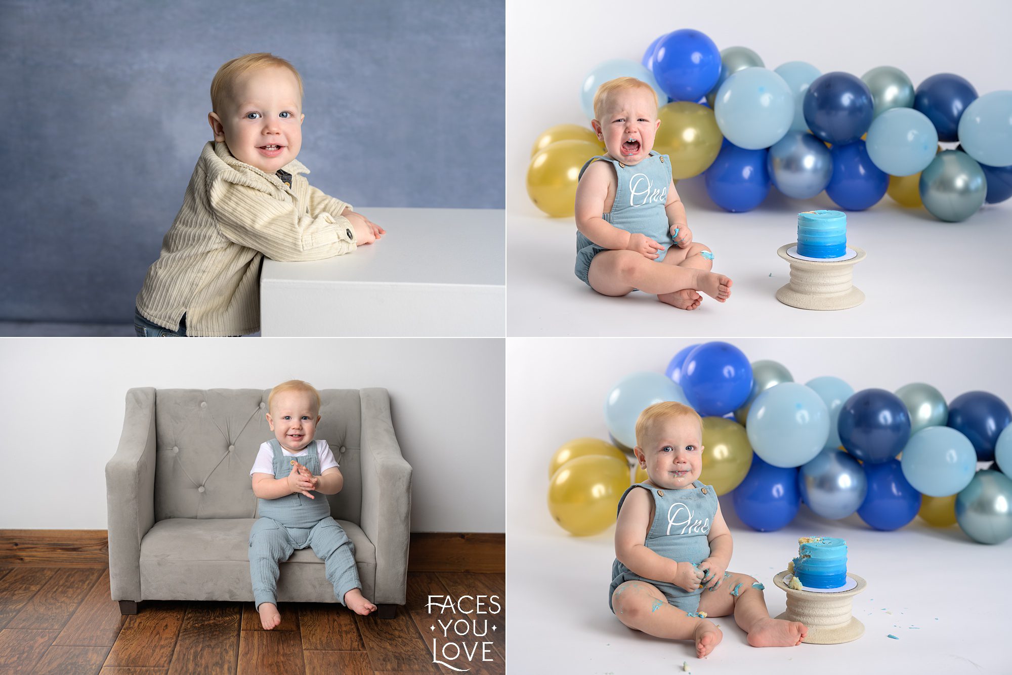 One year baby session, photographed on light grey and blue backgrounds. Baby is wearing blue and beige, with a blue onesie. Photographed on-site at Faces You Love in Overland Park.